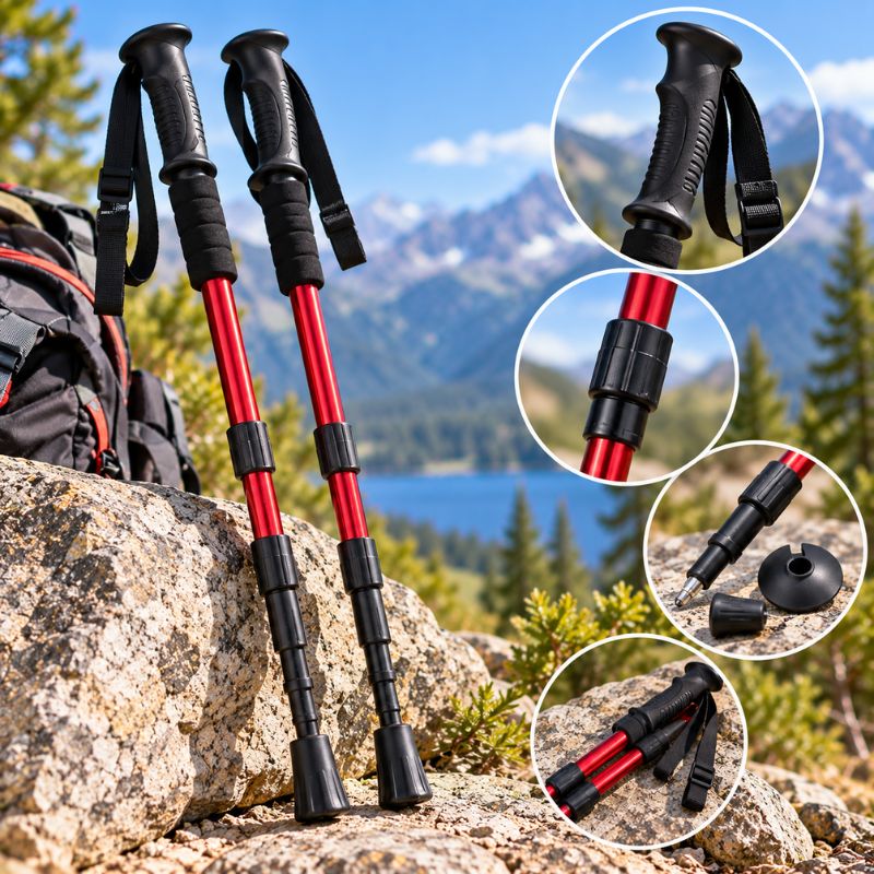 Bâton de randonnée AltiStep paire rouge détails poignée verrouillage embouts