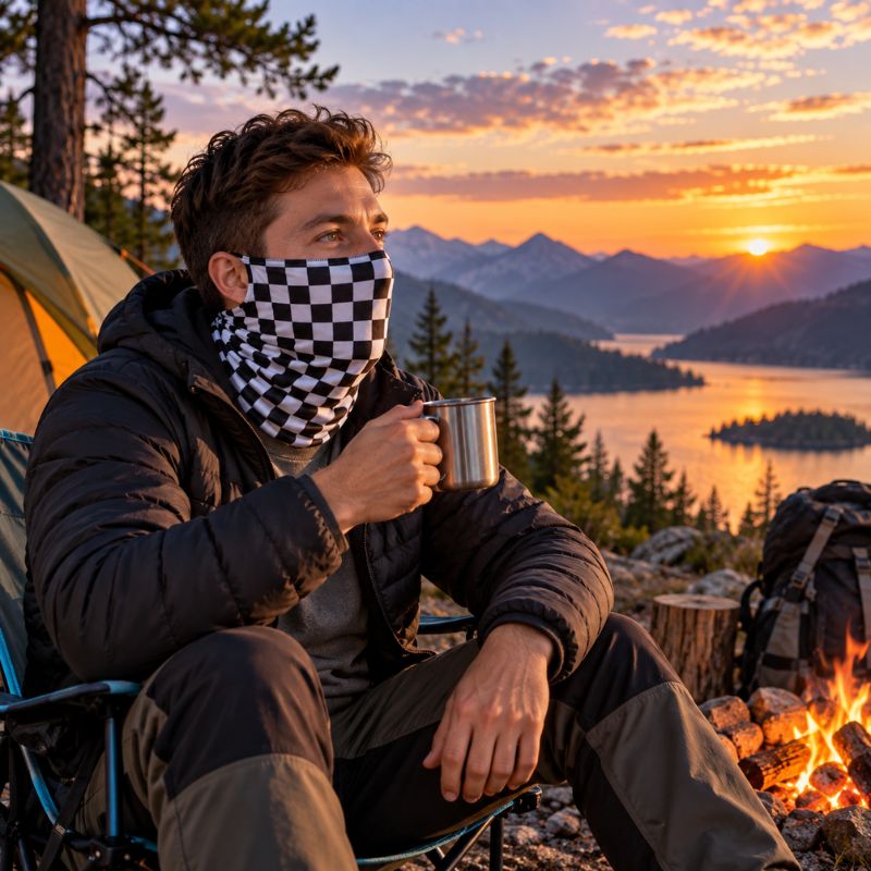 Cache cou CheckTrek homme savourant pause campement devant coucher soleil