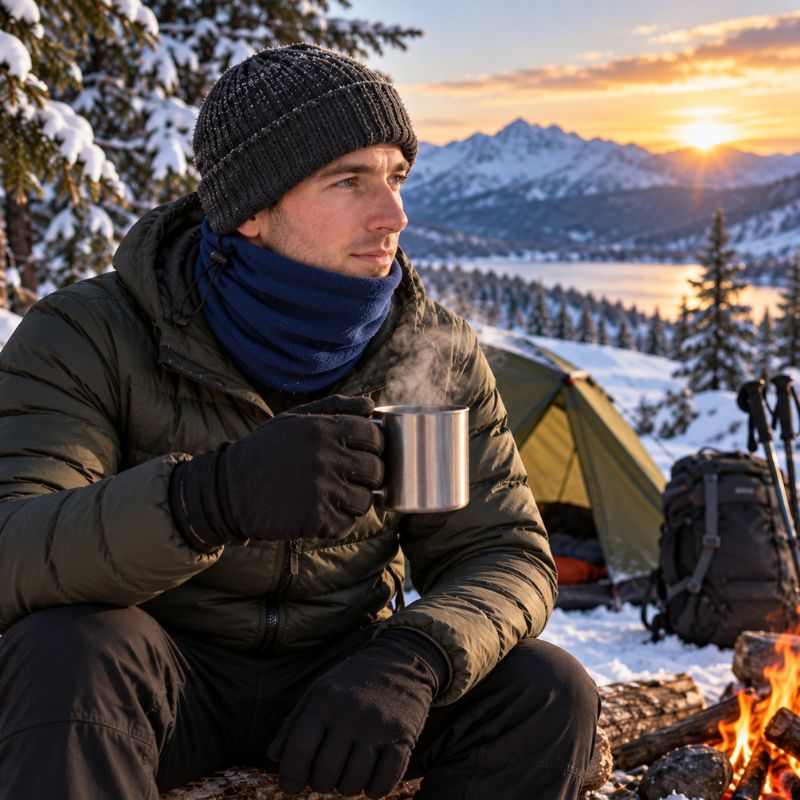 Cache cou FrostTrek bleu homme savourant boisson chaude au bivouac