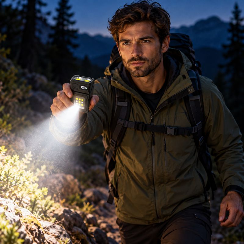Lampe de poche PowerBox randonneur éclaire sentier en montagne nocturne