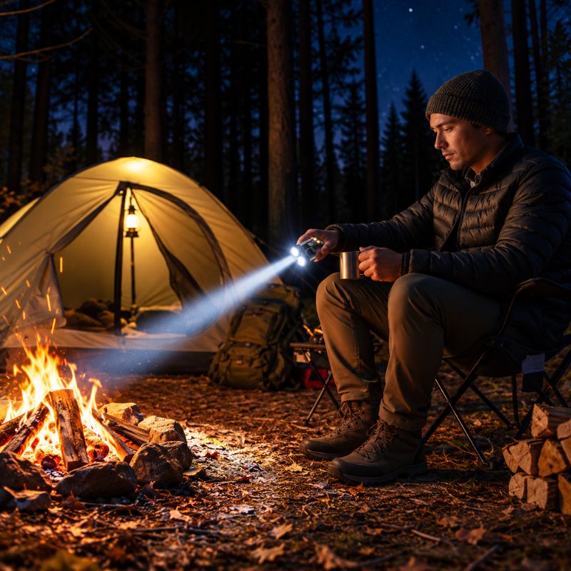 Lampe de poche rechargeable NightBeam homme assis près feu campement