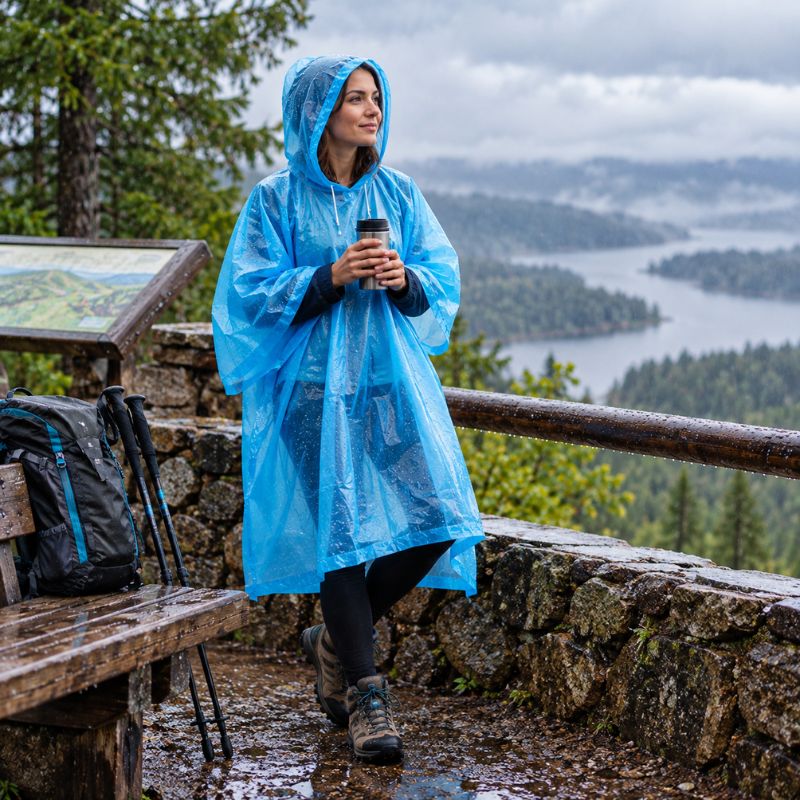 Poncho pluie RainFlex bleu femme prenant pause devant paysage montagneux