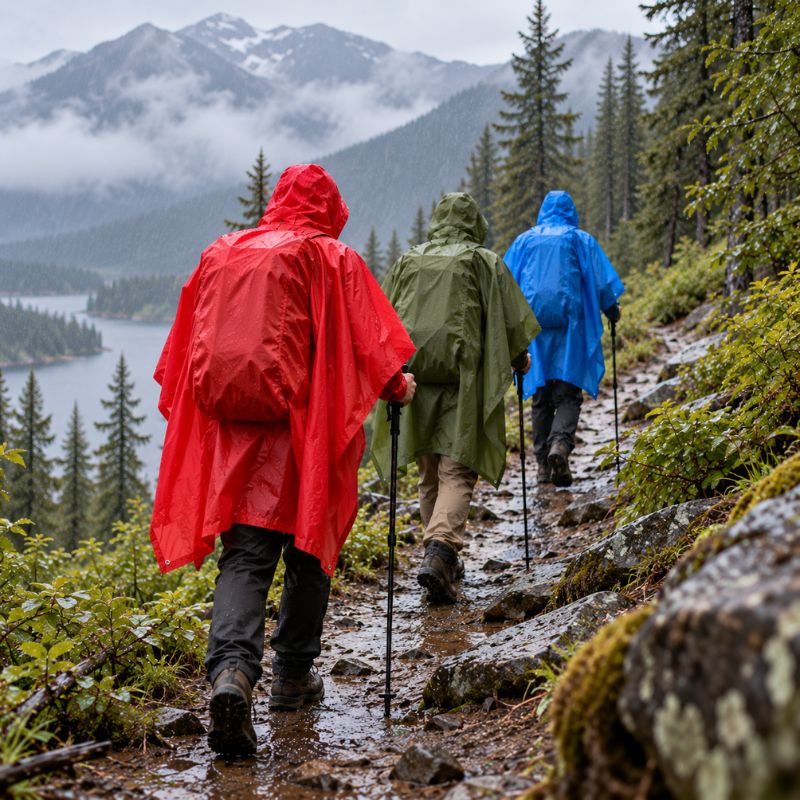 Poncho pluie RainTrek 3 trois randonneurs avançant sous pluie fine