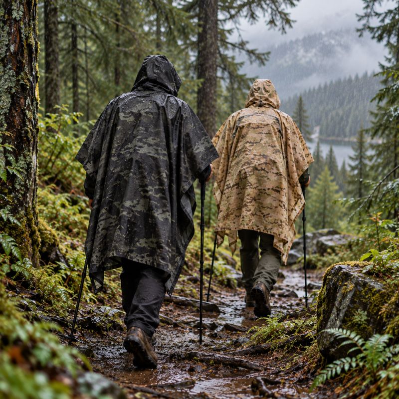 Poncho pluie ZipTrek deux hommes marchant sentier forestier sous pluie