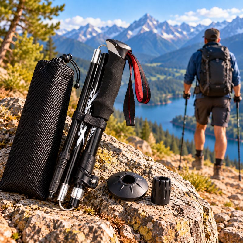 baton de marche MiniTrek vert avec accessoires et randonneur montagne