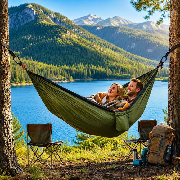 Hamac pour 2 personnes suspendu entre deux arbres avec un couple profitant d'un moment de détente au bord d'un lac de montagne lors d'un séjour en camping.