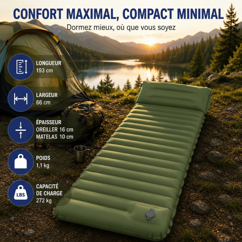 Matelas gonflable 1 personne pompe intégrée installé dans un campement en forêt, confortable, léger et compact pour le camping