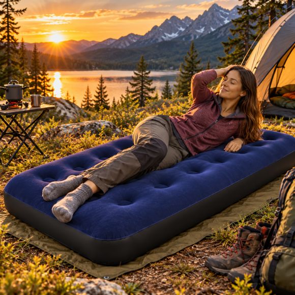 Matelas gonflable 1 personne TrailRest Solo femme au campement montagne.