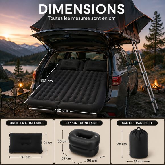 Matelas gonflable pour voiture double noir installé dans le coffre d’un SUV en camping, avec tente de toit, dimensions 193 cm x 130 cm, oreillers gonflables, support gonflable et sac de transport inclus.