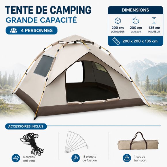 Tente de camping automatique grande capacité 4 personnes avec dimensions 200 x 200 x 135 cm, sac de transport, piquets de fixation et cordes anti-vent inclus pour le camping en plein air.