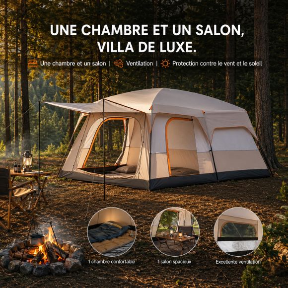 Tente gonflable familiale installée en pleine forêt, avec espace chambre et salon, offrant confort, ventilation optimale et protection contre le vent et le soleil pour des séjours camping en pleine nature.