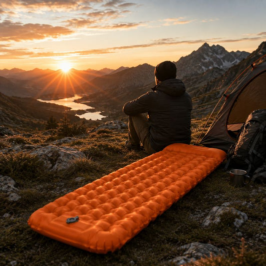 Matelas gonflable AeroTrek au bivouac face aux montagnes au lever.