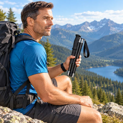 Baton de marche AeroTrek Carbon femme montant sentier rocheux montagne