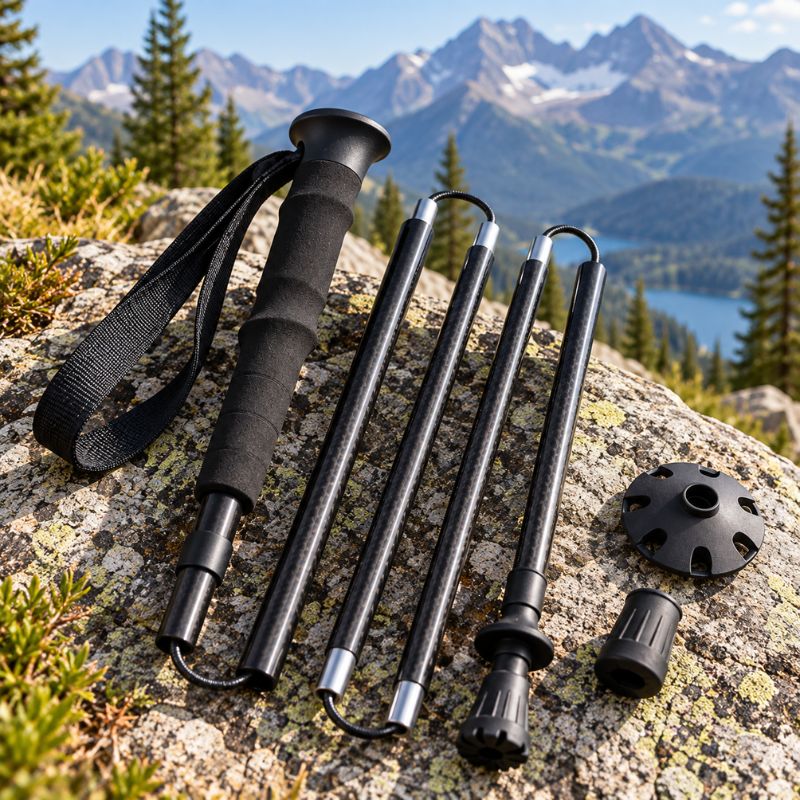  Baton de marche AeroTrek Carbon plié sur roche en montagne
