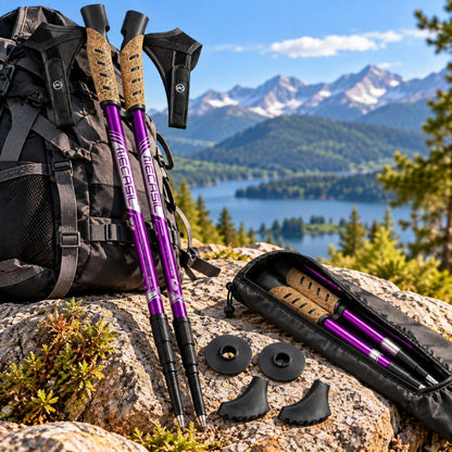 Baton de marche AltiForce 7075 violet avec accessoires en montagne