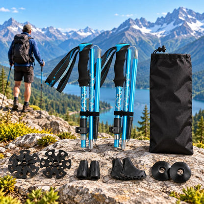 Baton de marche FlexTrek 5 bleu avec accessoires en montagne