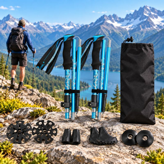 Baton de marche FlexTrek 5 bleu avec accessoires en montagne