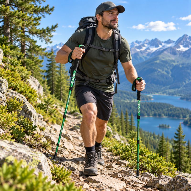 Baton de marche FlexTrek 5 vert accompagne randonneur sur sentier