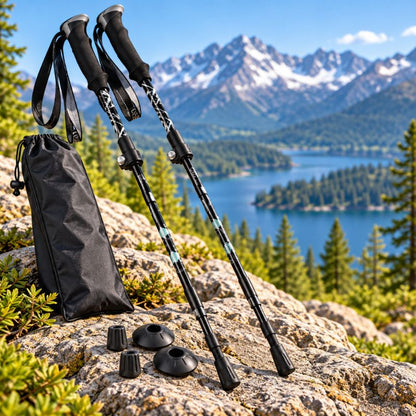 Baton de marche PocketTrek noir avec accessoires devant paysage montagneux