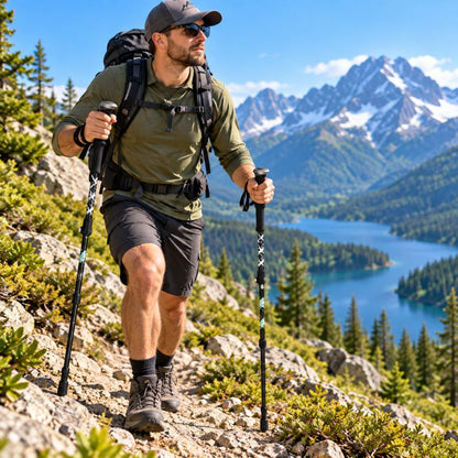 Baton de marche PocketTrek noir accompagne homme en randonnée montagne
