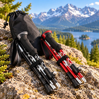 Baton de marche PocketTrek pliable noir rouge avec sac rangement
