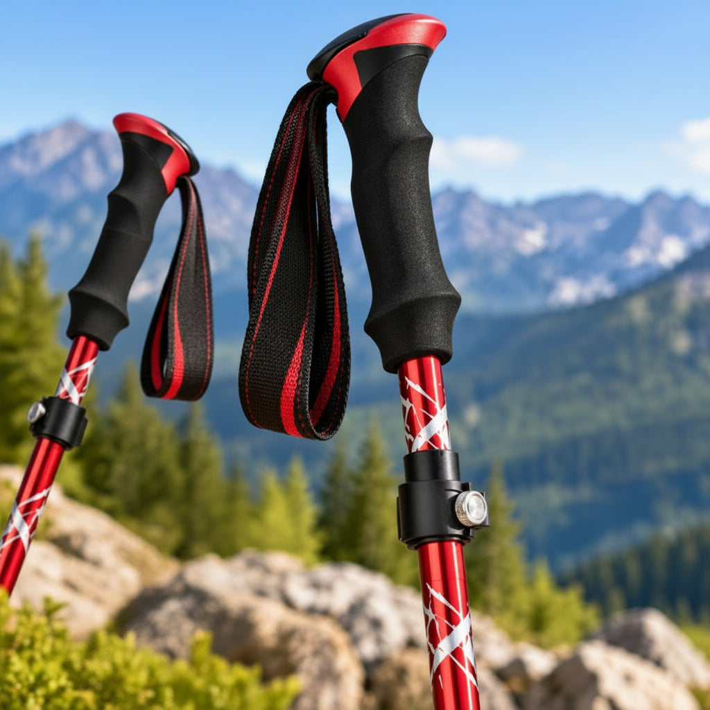 Baton de marche PocketTrek rouge détails poignée verrouillage et accessoires
