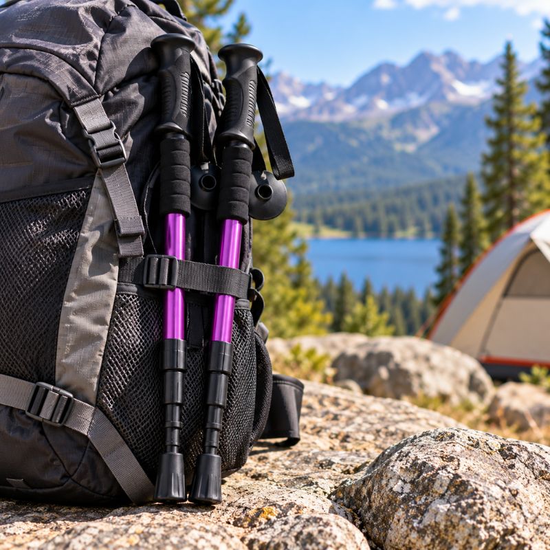 Bâton de randonnée AltiStep paire violette fixée au sac transport