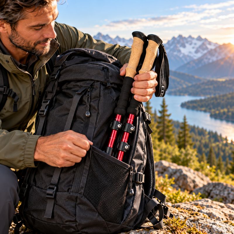 Batons de marche TrekControl rangés facilement dans un sac randonnée