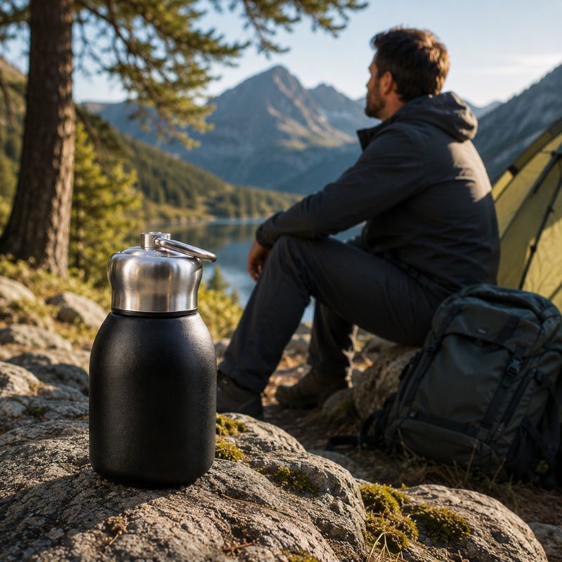 Bouteille isotherme PauseTrek 300 au camping face aux montagnes alpines