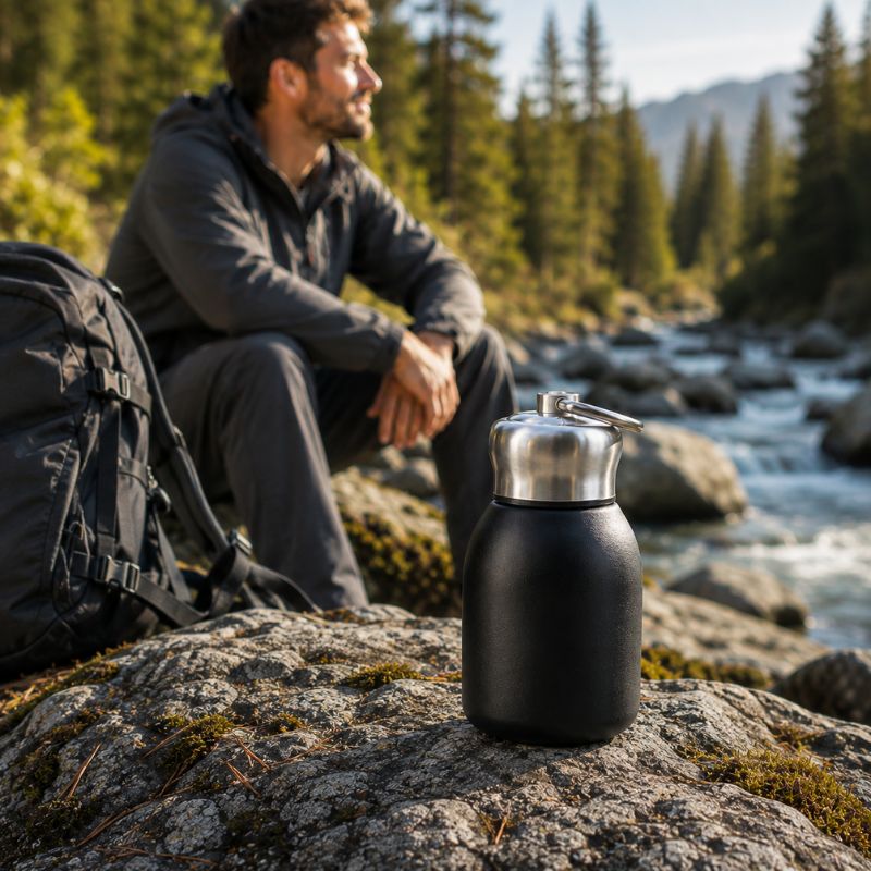 Bouteille isotherme PauseTrek 300 avec randonneur près d’une rivière