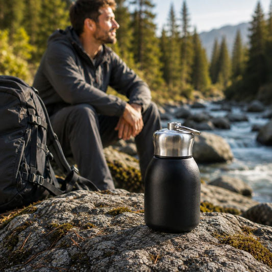 Bouteille isotherme PauseTrek 300 avec randonneur près d’une rivière