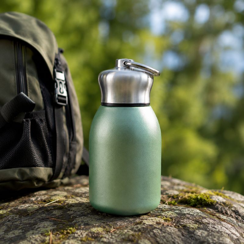 Bouteille isotherme PauseTrek 300 verte près d’un sac randonnée