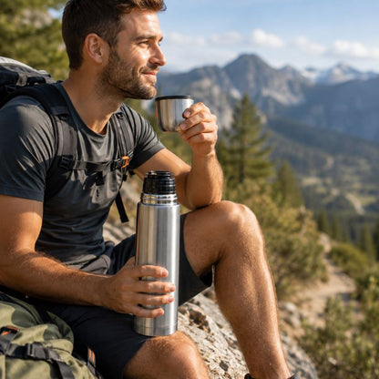 Bouteille isotherme ThermoRando 1000 avec tasse pendant pause en montagne