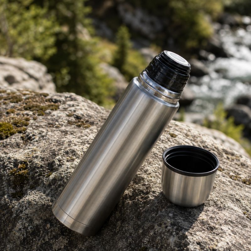 Bouteille isotherme ThermoRando 1000 avec bouchon tasse près rivière sauvage