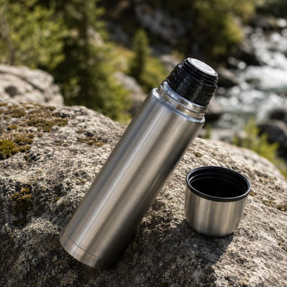 Bouteille isotherme ThermoRando 1000 avec bouchon tasse près rivière sauvage