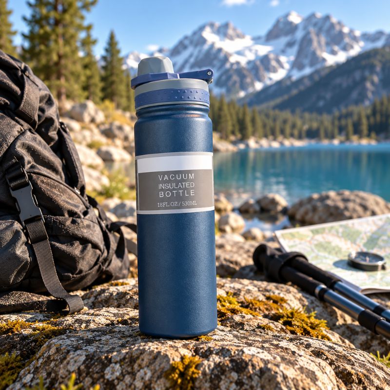 Bouteille isotherme TrekTherm 750 posée près lac avec équipement randonnée