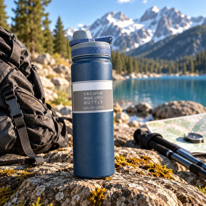 Bouteille isotherme TrekTherm 750 posée près lac avec équipement randonnée
