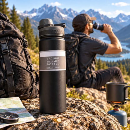 Bouteille isotherme TrekTherm 750 noire accompagne randonneur pendant pause montagne