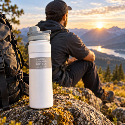 Bouteille isotherme TrekTherm 750 accompagne randonneur pause sommet face montagnes