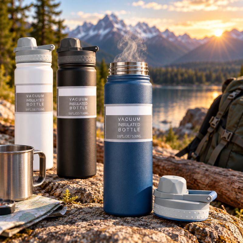 Bouteille isotherme TrekTherm 750 trois couleurs réunies lors pause montagne