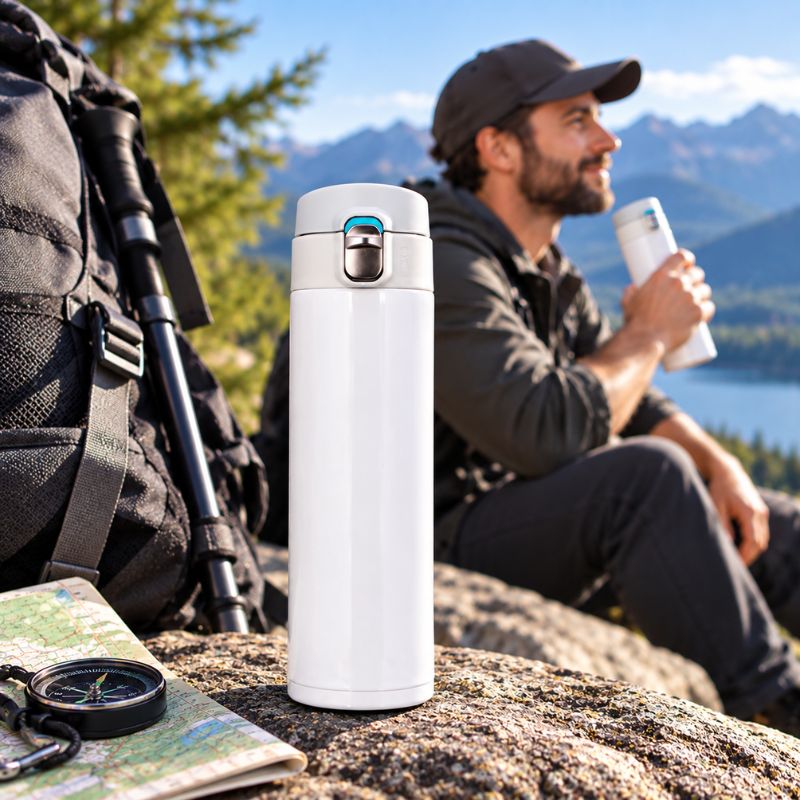 Bouteille isotherme UrbanTrek 500 blanche accompagne randonneur lors pause montagne
