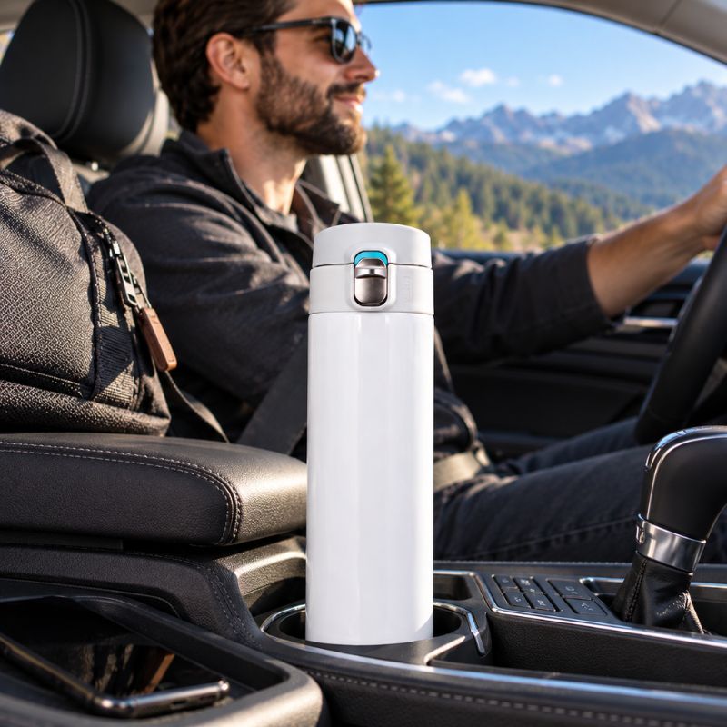 Bouteille isotherme UrbanTrek 500 blanche installée porte-gobelet pendant trajet montagne