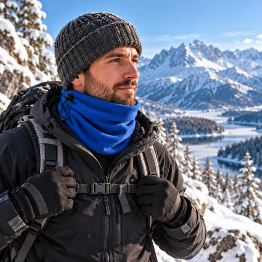 Cache cou AltiTrek bleu homme explorant paysage enneigé en montagne