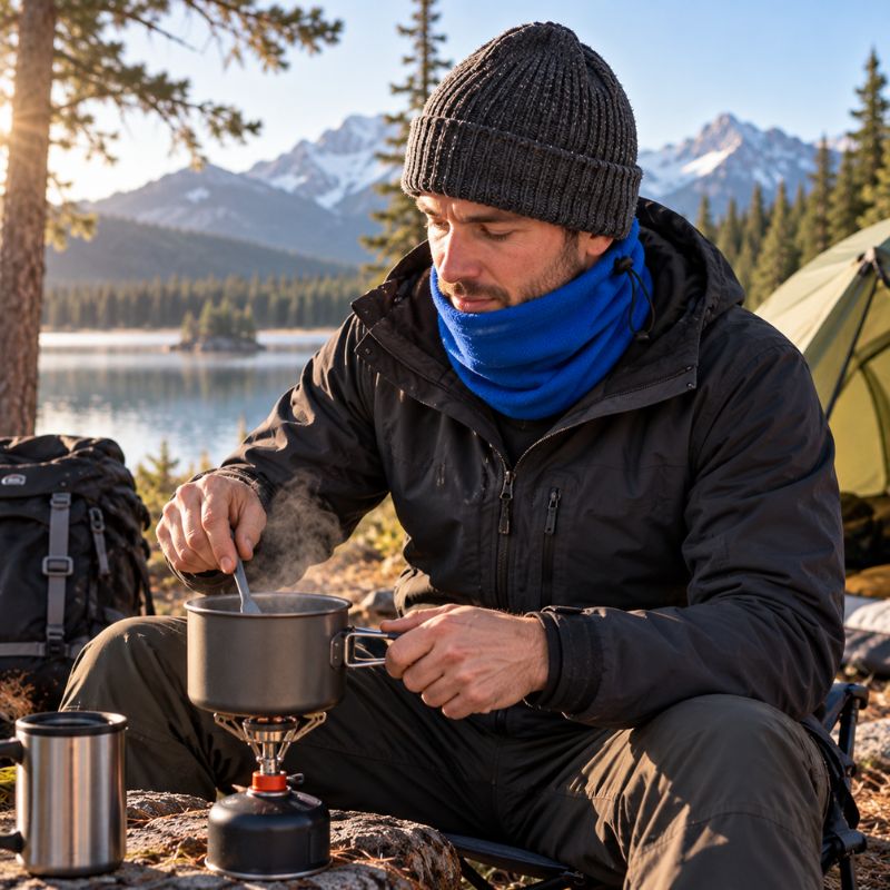 Cache cou AltiTrek bleu homme préparant repas pendant bivouac montagne