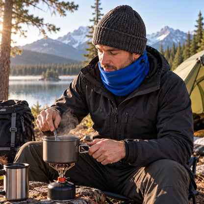 Cache cou AltiTrek bleu homme préparant repas pendant bivouac montagne