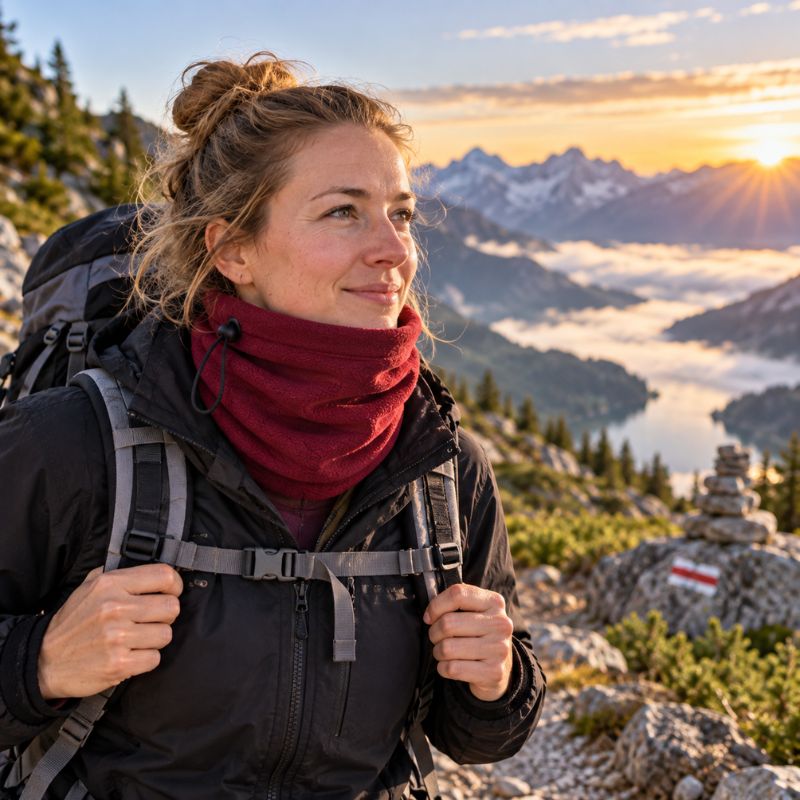 Cache cou AltiTrek rouge femme découvrant panorama pendant randonnée alpine