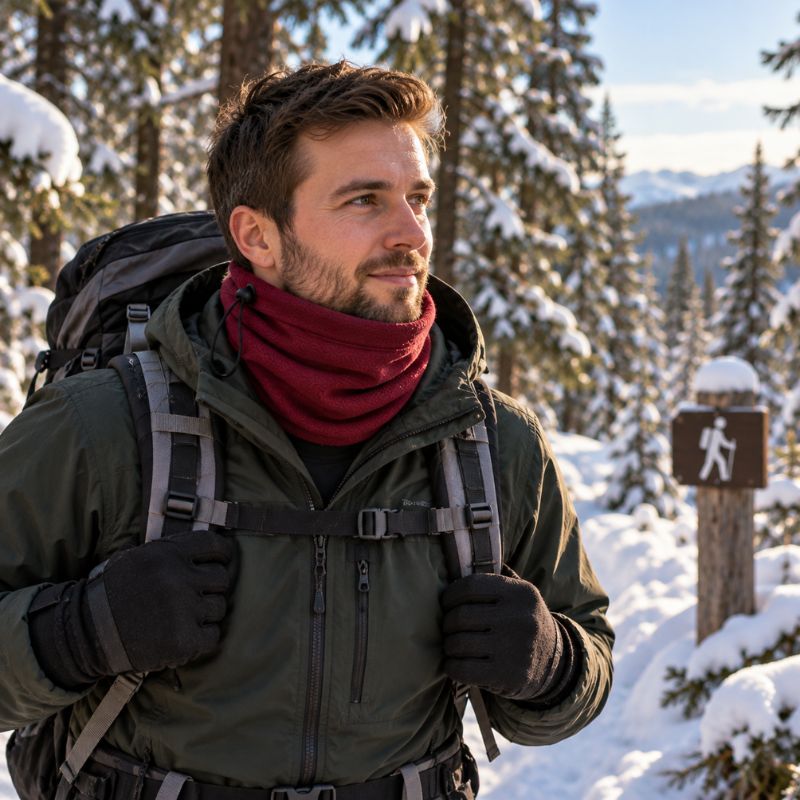 Cache cou AltiTrek rouge homme parcourant sentier enneigé en montagne