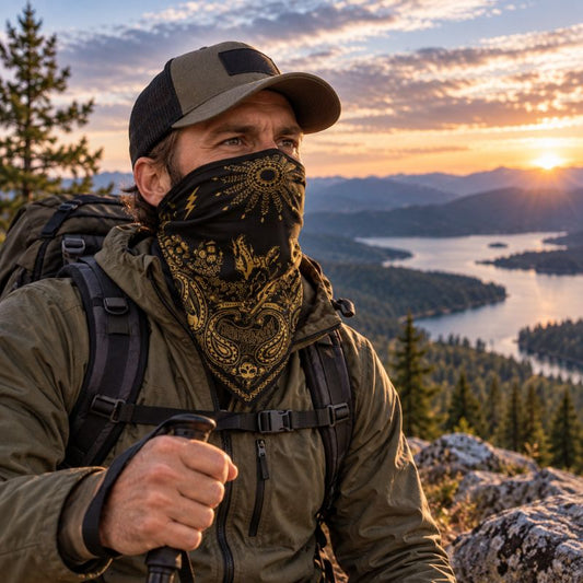 Cache cou BanditTrek noir or homme admirant panorama depuis montagne
