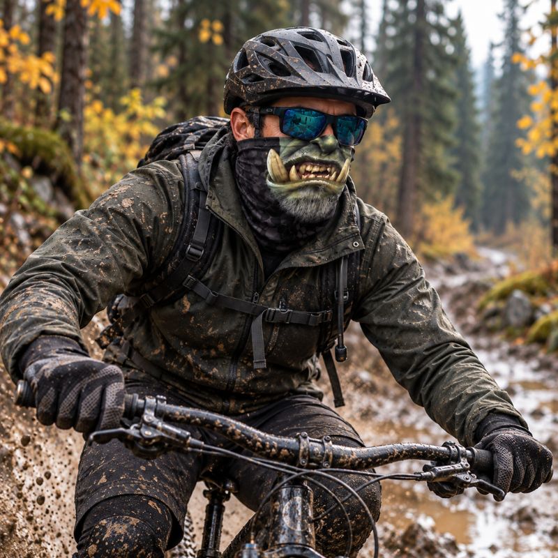 Cache cou BeastTrek homme parcourant sentier boueux en vélo montagne