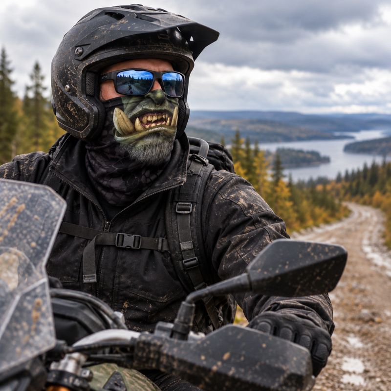 Cache cou BeastTrek homme explorant sentier sauvage en moto aventure
